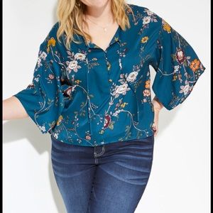 Maurices Teal Floral Kimono Sleeve Tie Neck Blouse